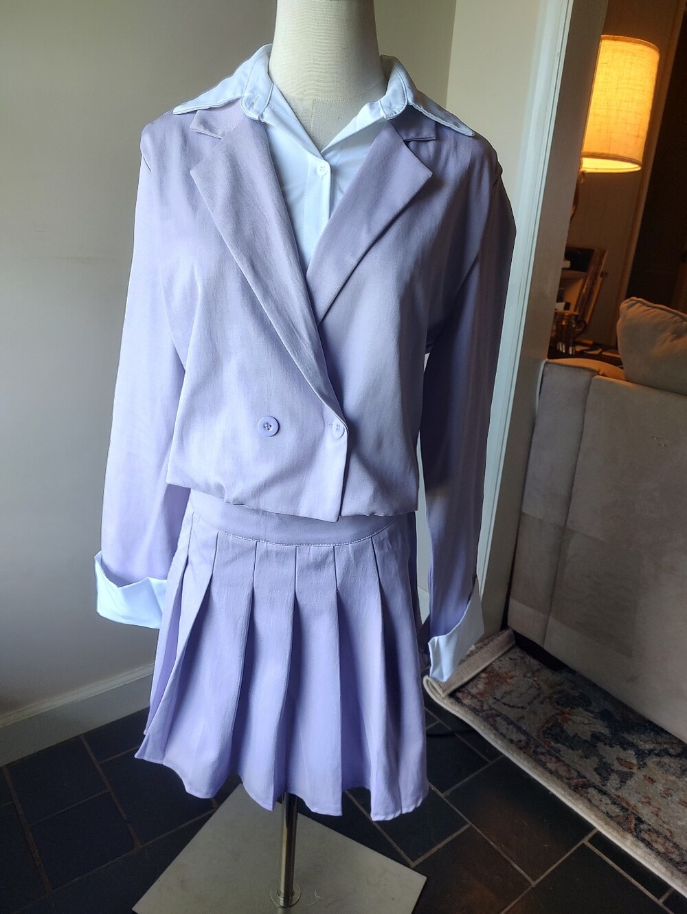 Lavender Double-Breasted Pleated Skirt Suit Cuffed Sleeves XL